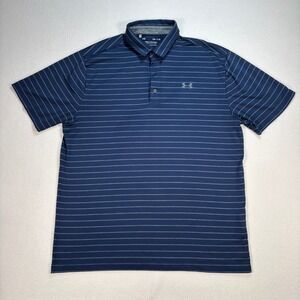Under Armour The Playoff Polo Men's L Navy Stripe Golf Performance Stretch Logo